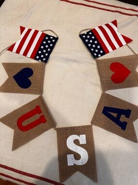Patriotic Burlap USA Banner - Red, White & Blue